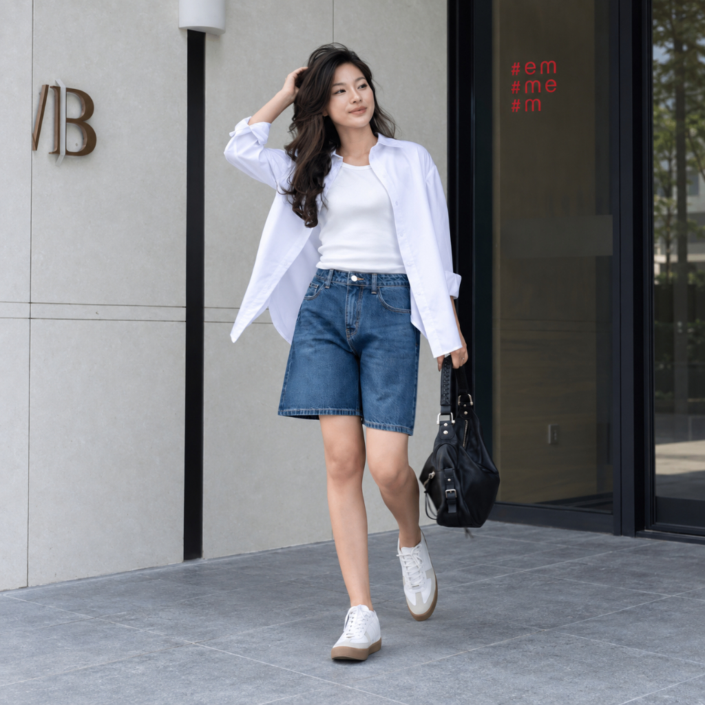HASHTAGEM - Quần Short Jean Nữ Ống Rộng, Quần Bò Ngố Lửng Bermuda, Cạp Cao, Màu Xanh Đậm Wash HDS.2