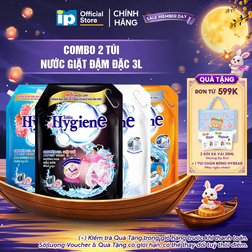 Combo 2 Nước Giặt Đậm Đặc Hygiene 3L (Dịu Êm/ Ánh Dương Hạnh Phúc/ Mẫu Đơn/ Ánh Dương Rực Rỡ)