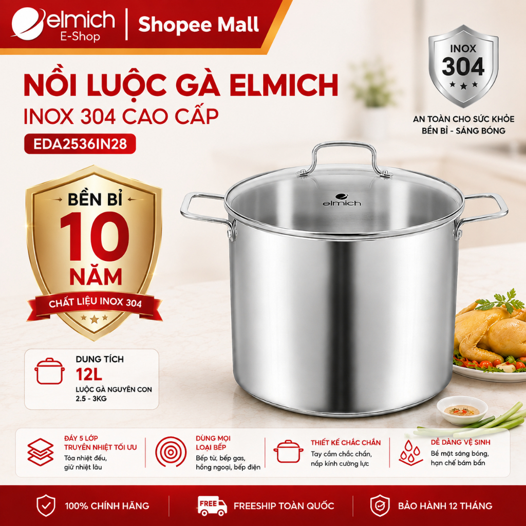 Nồi luộc gà elmich inox 304 2536IN28,EL2525IN nồi luộc gà cao cấp size 28-30cm đáy 5 lớp