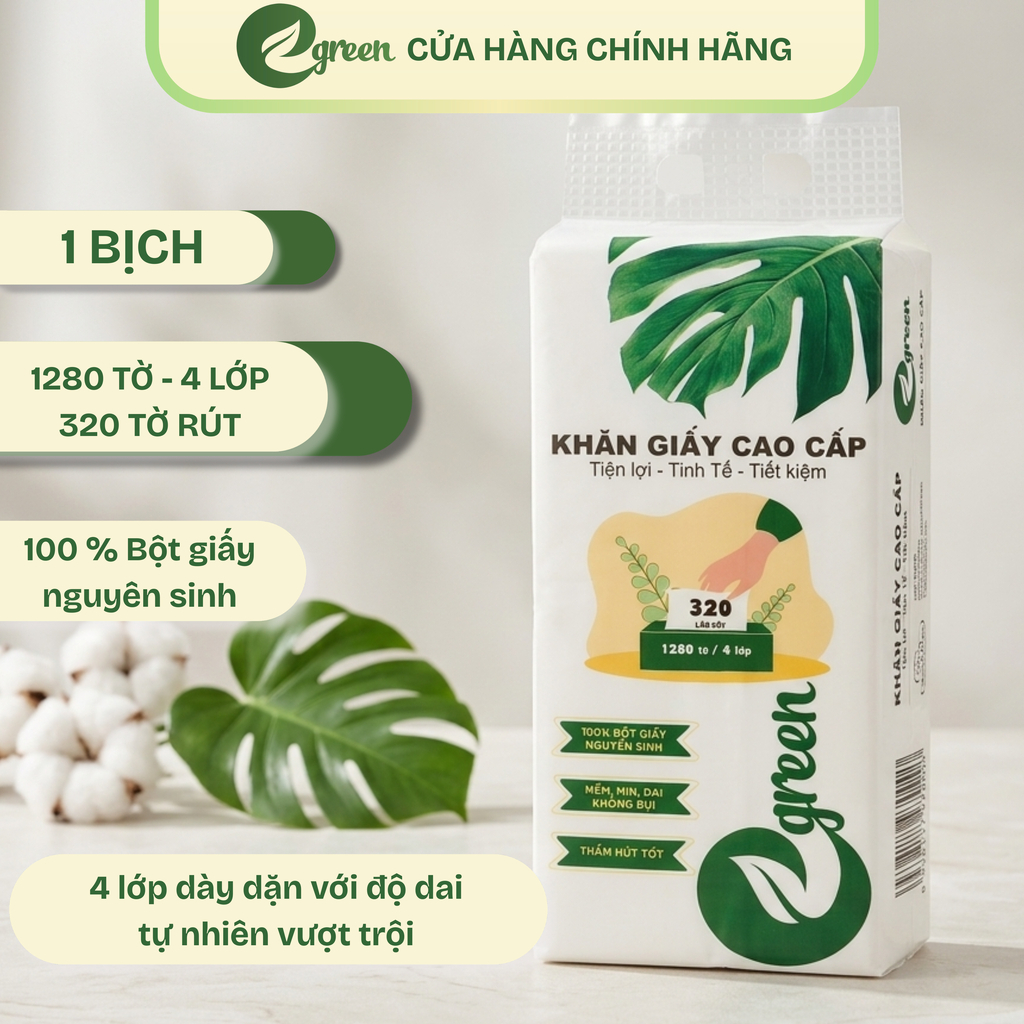 Loại 1 - Khăn giấy rút Egreen đa năng treo tường 1280 tờ 320 lần rút 4 lớp