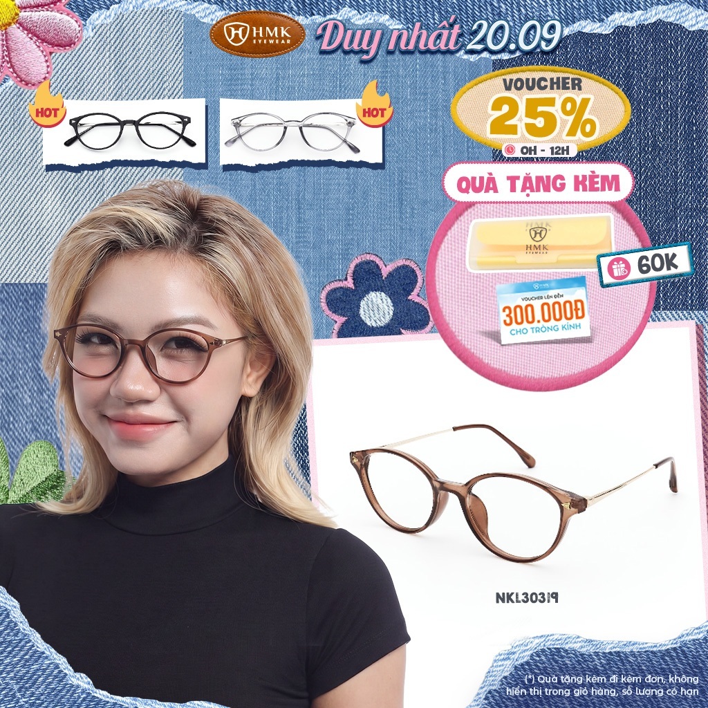 Gọng Kính Oval HMK Eyewear Nhựa Dẻo Cao Cấp  Dáng Tròn Thời Trang Nam Nữ Cắt Cận Cao - NKL30319
