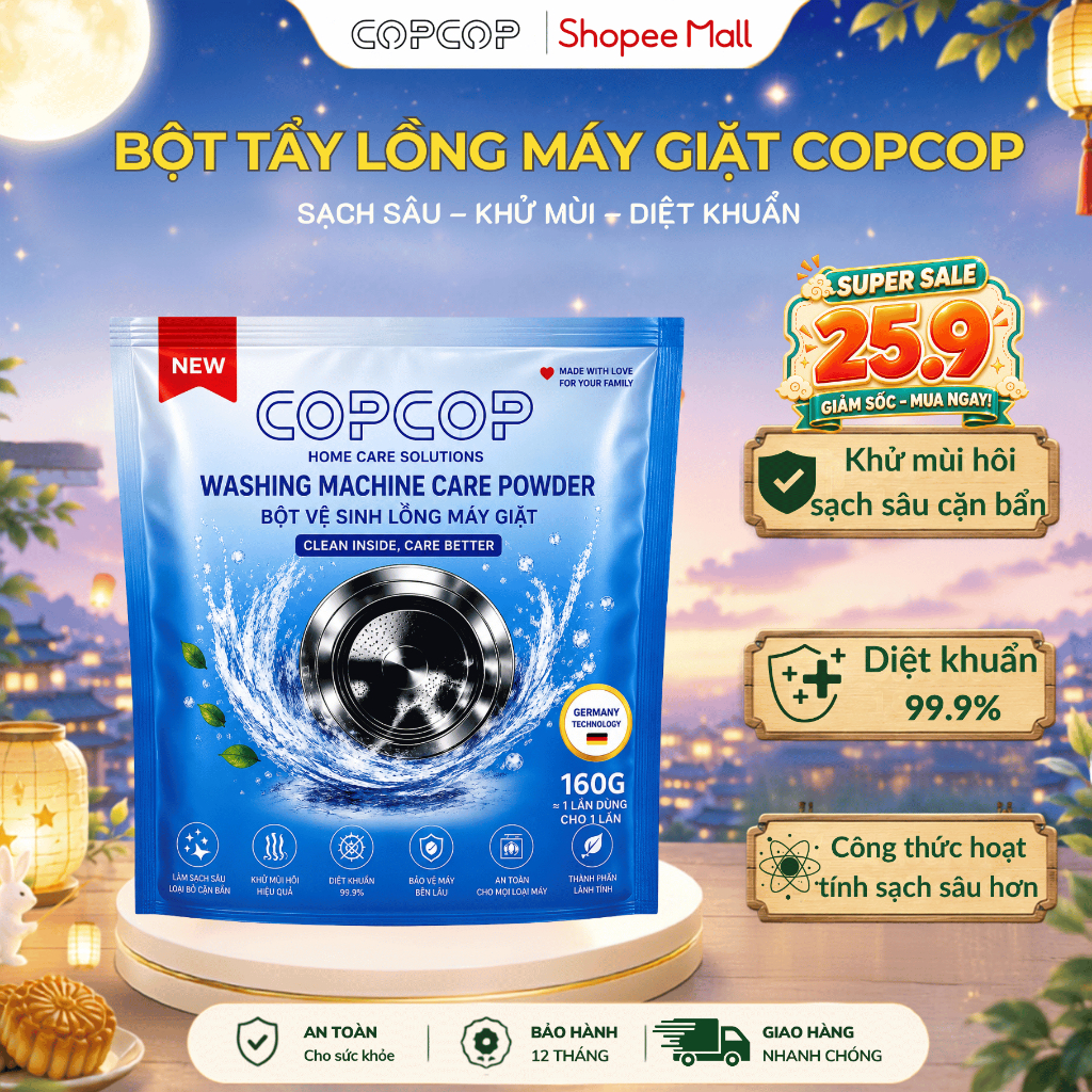 Bột Vệ Sinh Lồng Máy Giặt COPCOP 160G Khử Mùi Hôi, Diệt Khuẩn, Làm Sạch Cặn Bẩn, Hiệu Quả và An Toàn