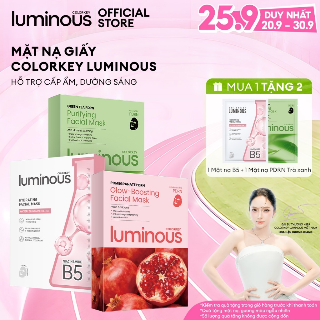Mặt Nạ Colorkey Luminous | Vitamin B5/ Vitamin B3/ Trà xanh/ PDRN| Hỗ trợ dưỡng ẩm, sáng da, giảm dầu mụn| 10 miếng/Hộp