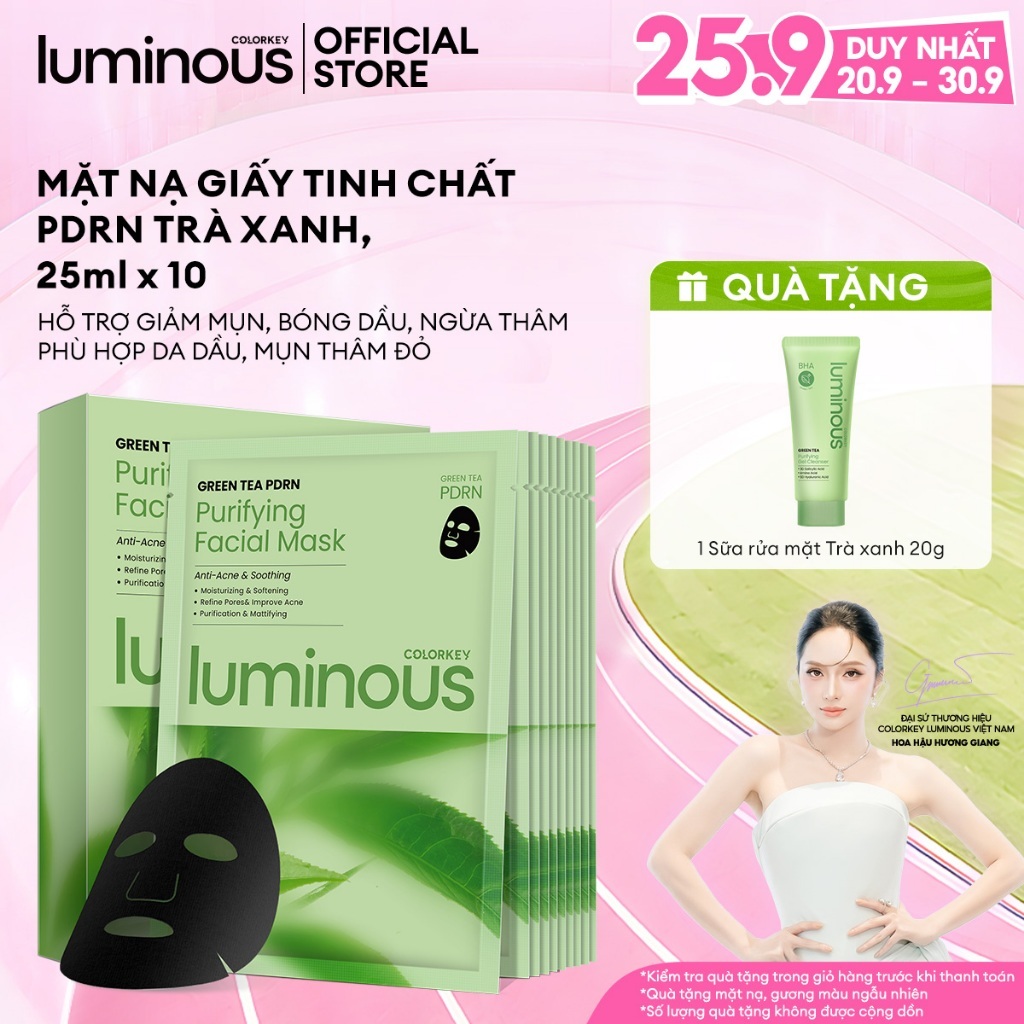 Mặt nạ giấy PDRN Trà xanh| Colorkey Luminous| Phù hợp da dầu, hỗn hợp thiên dầu |Làm dịu da, giảm mẩn đỏ| 1 hộp 10 Miếng
