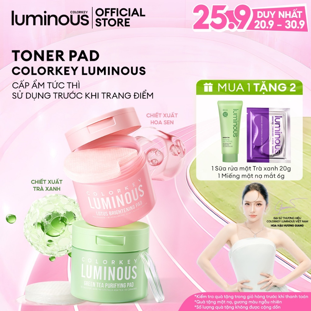 Toner Pad Colorkey Luminous| Hỗ Trợ Dưỡng Sáng, Cấp Ẩm, Làm Dịu Da | Tinh Chất Trà Xanh và Hoa Sen| Phù hợp da nhạy cảm