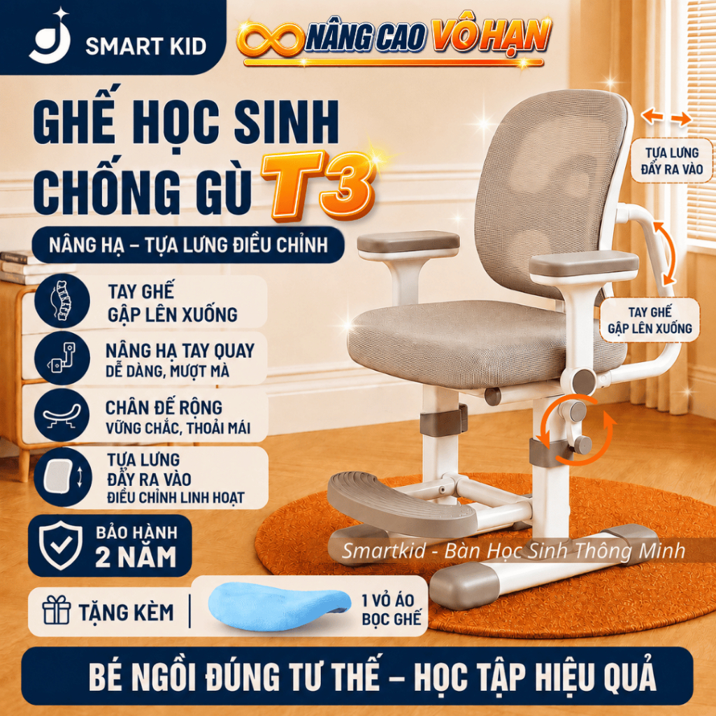 Ghế chống gù T3 Ghế học sinh Smart Kids, Nâng hạ độ cao bằng tay quay có giá đỡ chân và tay ghế gập, tựa ghế đẩy ra vào