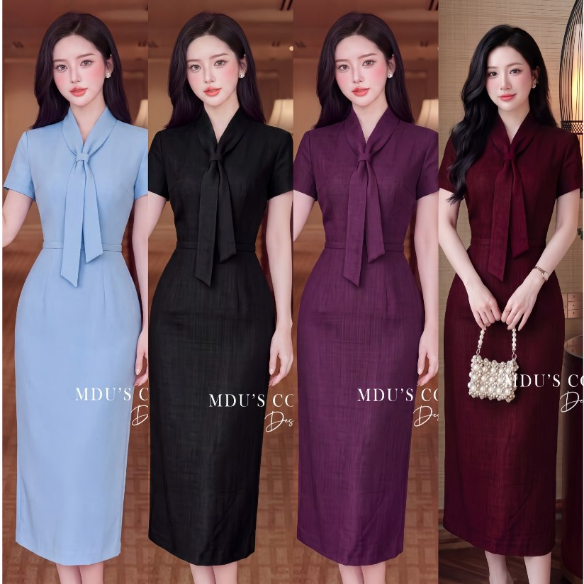 Váy công sở ADELA DESIGN vải xước Thái dáng bút chì cổ nơ bản lớn thanh lịch tôn eo BST MDU6586