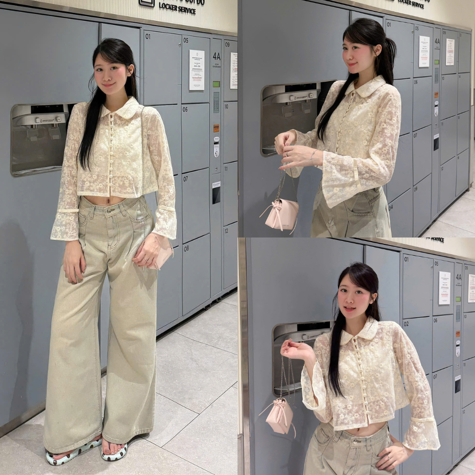 [HAI CHI TIẾT] Set áo sơ mi S.255, Set áo croptop ren thêu hoa kèm 2 dây cổ bẻ tay loe cúc bọc trẻ trung  - Shop Chấm Bi