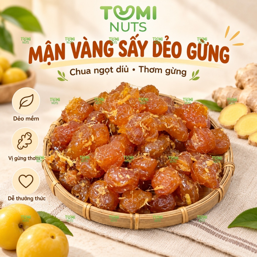 Ô mai Mận Vàng Sấy Dẻo Gừng Tumi Nuts, Mận Hậu khía dẻo gừng dẻo thơm