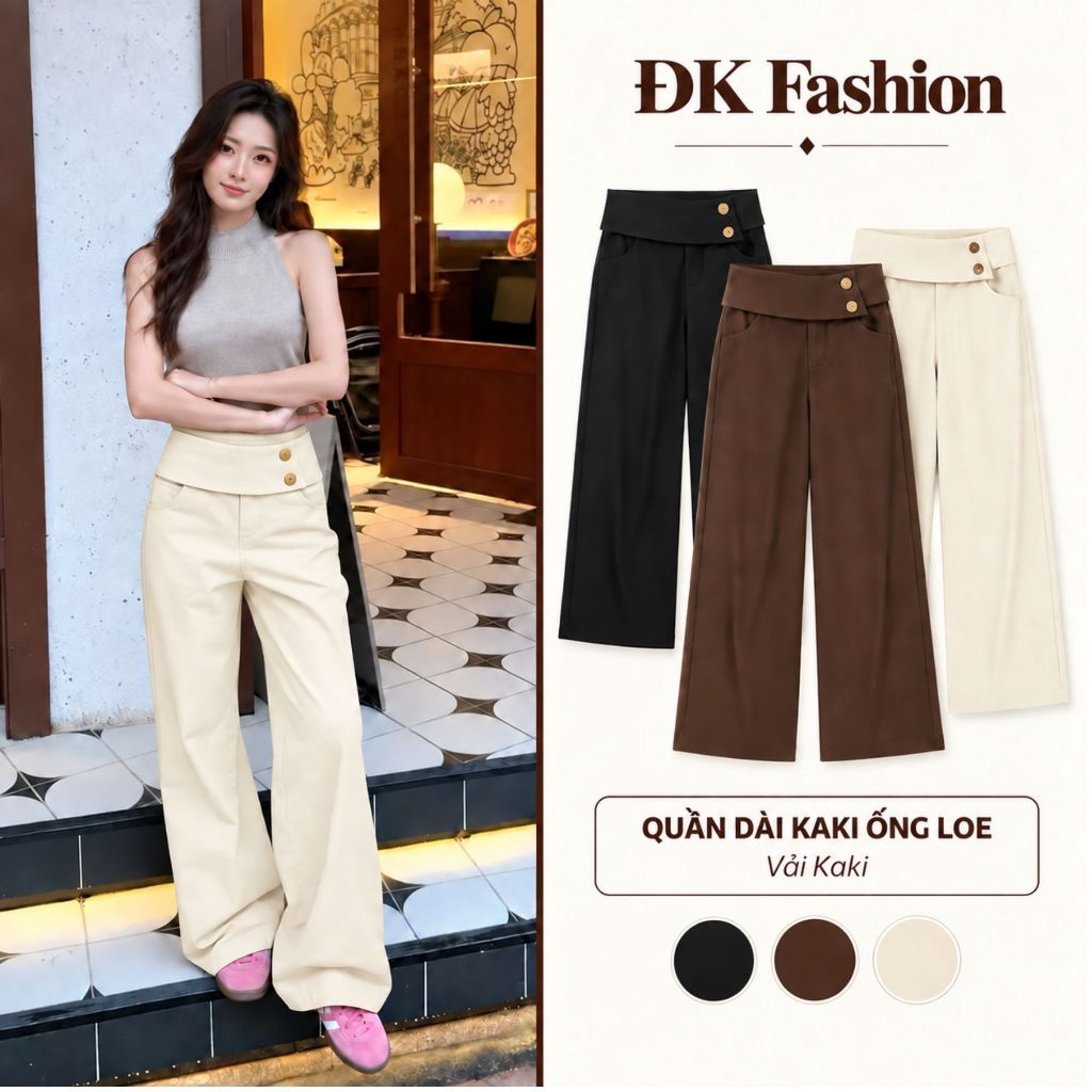 (Tặng Dây Chun) Quần Dài Kaki Nữ Ống Loe Phối Cạp Bản Lớn Cúc Cài Trendy, Quần Suông Tôn Dáng ĐK Fashion