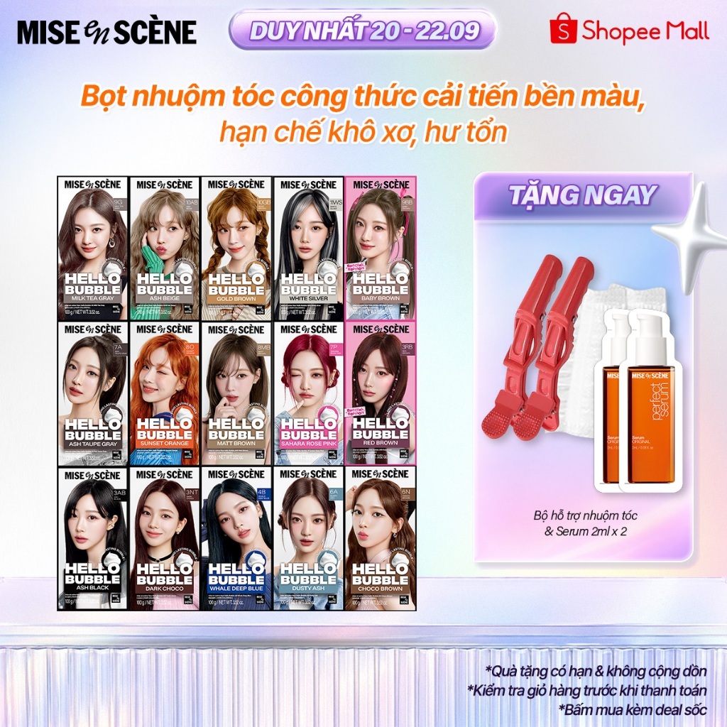 (Phiên bản mới) Nhuộm tóc mise en scène Hello Bubble 100g công thức cải tiến, dạng bọt bền lâu tan, tông màu xu hướng