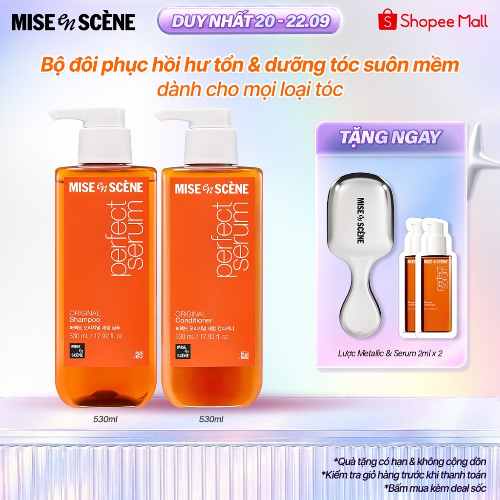 Bộ đôi Gội - Xả mise en scène Perfect Serum Original 530ml phục hồi hư tổn, giúp tóc suôn mềm, bồng bềnh