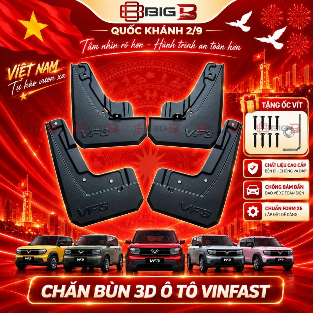 Chắn Bùn 3D VinFast VF3 VF5 VF6 VF7 VF8 Limo Green - Bộ 4 Tấm Chắn Bùn Ô Tô Theo Xe TẶNG Ốc Vít BIG B