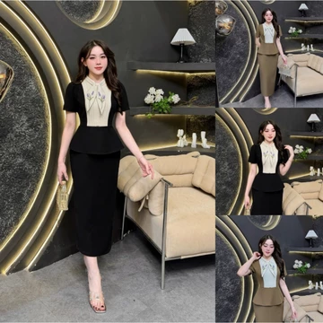 2HS185 - Váy Thiết Kế Eviici dành cho nữ,thiết kế cổ nơ may liền hoa thêu thủ công,Peplum liền thân dáng bút chì xuông