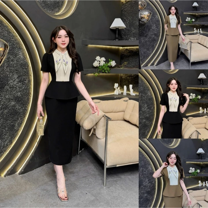 2HS185 - Váy Thiết Kế Eviici dành cho nữ,thiết kế cổ nơ may liền hoa thêu thủ công,Peplum liền thân dáng bút chì xuông