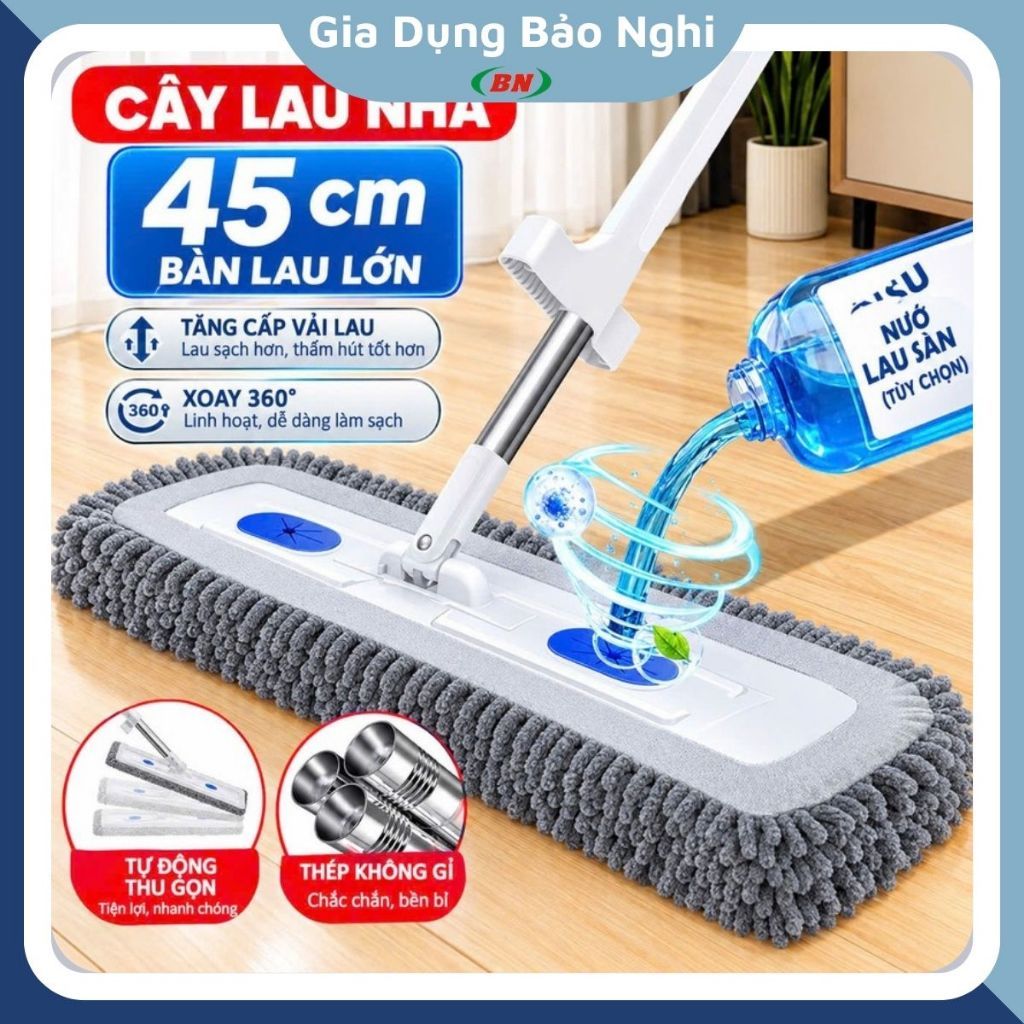 Cây Lau Nhà Tự Vắt 45cm Bông San Hô Microfiber Siêu Thấm Hút