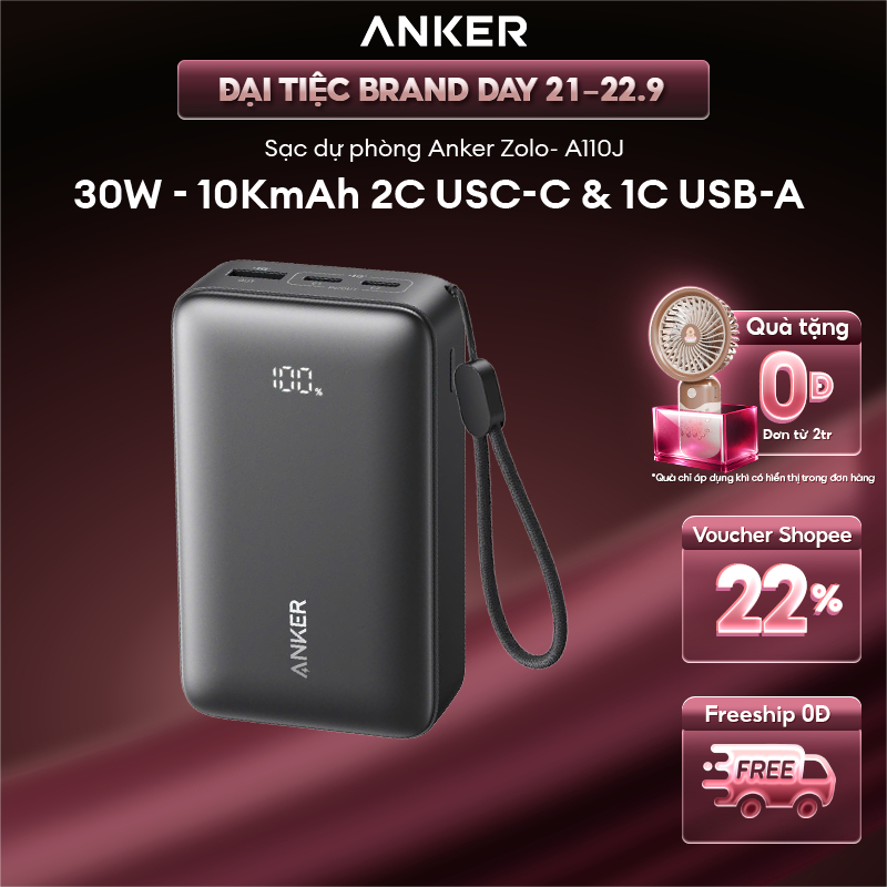 Sạc dự phòng Anker Zolo 10.000mAh 30W | 3 cổng 2C1A | Cell pin LiFePO4 an toàn | Sạc nhanh nhỏ gọn - A110J