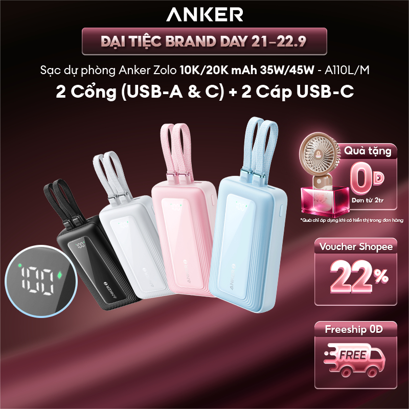 Sạc dự phòng Anker Zolo 10k/20kmAh | Sạc nhanh 45W/35W | Tích hợp sẵn 2 cáp USB-C | 2 cổng 1C1A - A110L/A110M