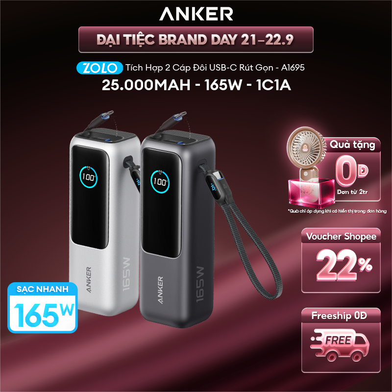 Sạc dự phòng ANKER Zolo 25kmAh | Công suất 165W | Tích hợp 2 cáp USB-C rút gọn | Có màn hình - A1695