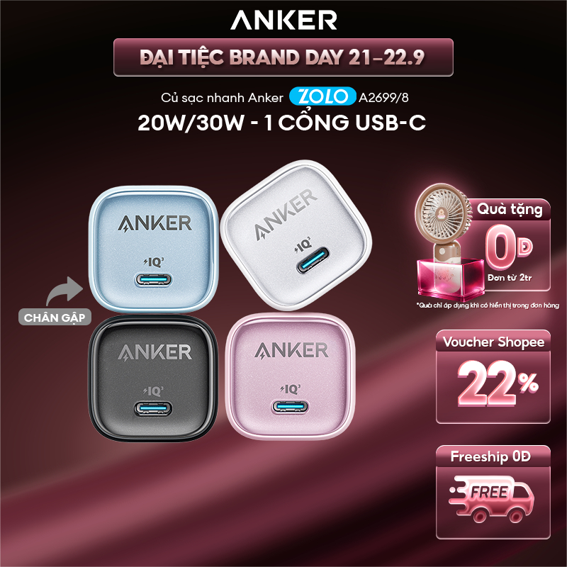 Củ sạc nhanh Anker Zolo GaN 20W/30W | 1 cổng USB-C | Sạc nhanh Power IQ 3.0 | Chân gập gấp gọn tiện lợi - A2699/8