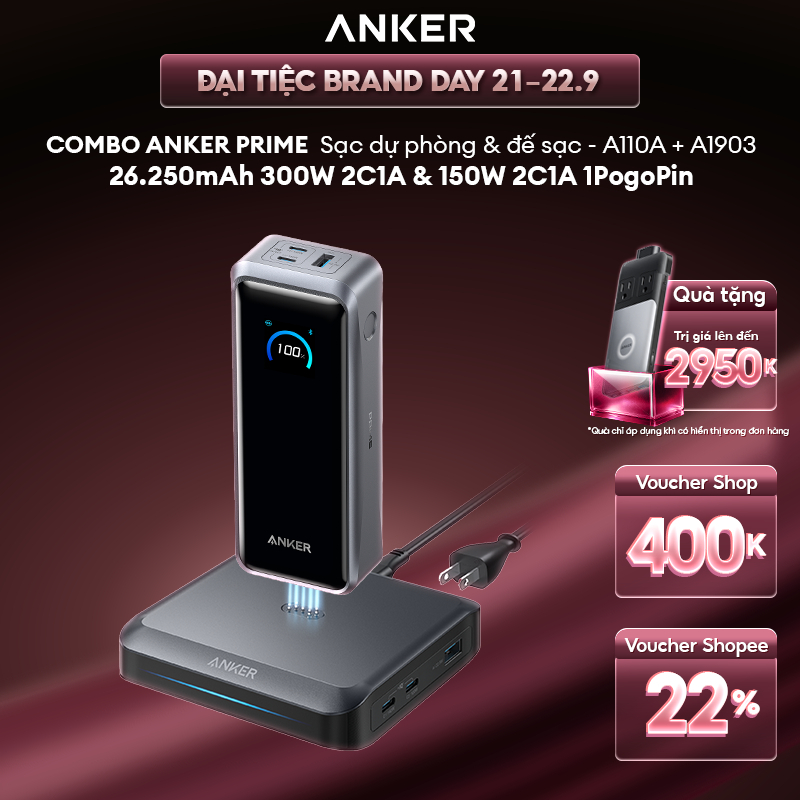 [NEW] Sạc dự phòng Anker Prime 26.250mAh 300W | 3 cổng 2C1A | Hỗ trợ màn hình & App | Dành cho Laptop, ịPhone - A110A