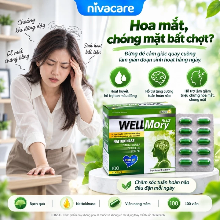 WellMory Blue – Bạch Quả Ginkgo Biloba, Omega 3 DHA EPA, Nattokinase – Hỗ Trợ Tuần Hoàn Não Hộp 100 Viên