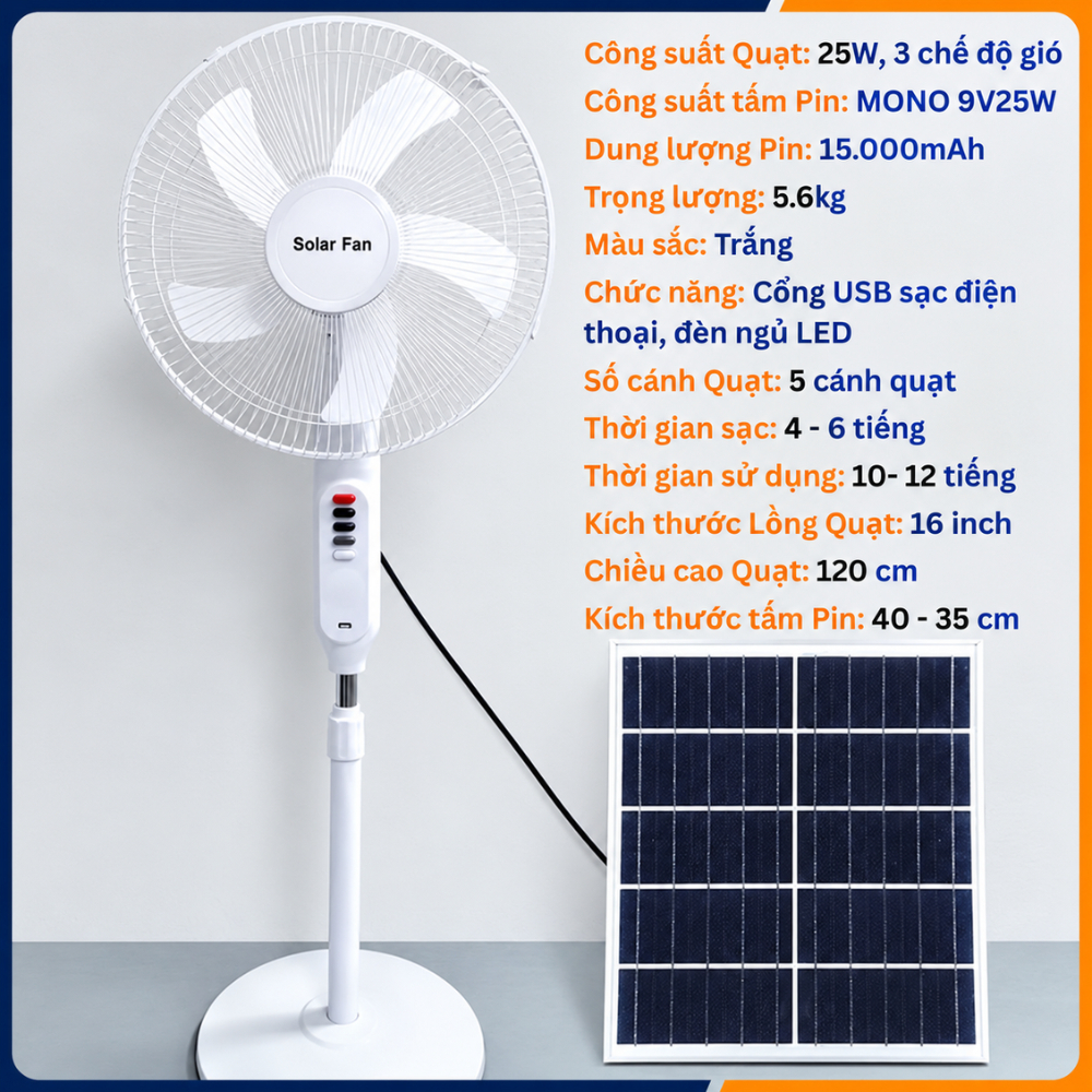 Quạt Năng Lượng Mặt Trời 25W Pin 15000mAh, Quạt Tích Điện Có Đèn LED, Cổng USB, Dùng Khi Mất Điện