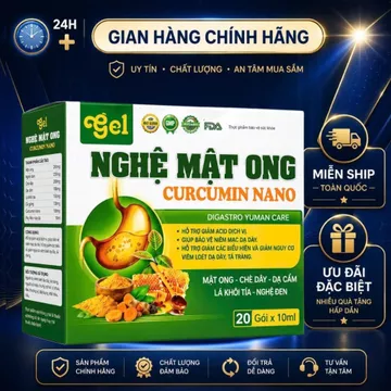 Nghệ Mật Ong Curcumin Nano là sản phẩm dạng gel tiện lợi, kết hợp mật ong, nghệ, nghệ đen, chè dây, dạ cẩm, lá khôi tía