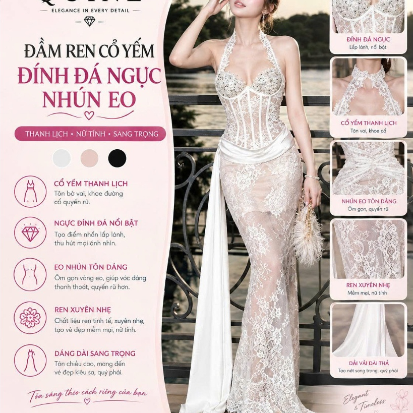 Đầm Ren Cổ Yếm Đính Đá Ngực Nhún Eo Vạt Dài Quyến Rũ – Váy Dự Tiệc Cao Cấp Sang Chảnh Tôn Dáng
