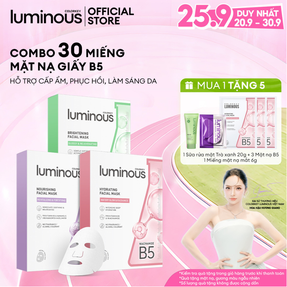 COMBO 3 Hộp Mặt Nạ Colorkey Luminous |Tinh Chất Vitamin B5 Cấp Ẩm Sâu Cho Da Căng Bóng| Phù Hợp Da Nhạy Cảm| 25ml x 30