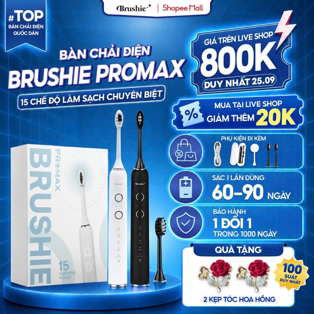 [GIÁ 631K LIVE SHOP] Bàn Chải Điện Brushie Promax 15 Chế Độ Làm Sạch Phù Hợp Cả Cho Răng Nướu Nhạy Cảm, Niềng răng, LIS