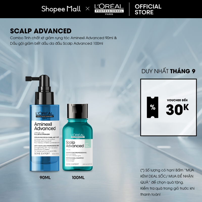 Combo Tinh chất xịt giảm rụng tóc  Aminexil Advanced 90ml & Dầu gội giảm bết dầu da đầu Scalp Advanced 100ml