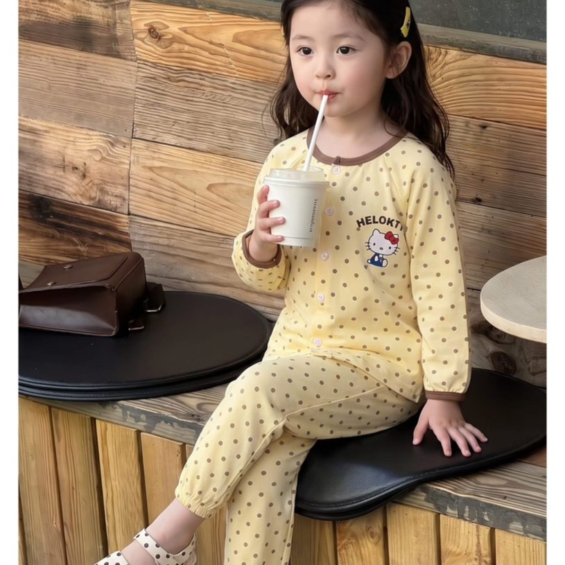 Set Bộ Ngủ Chấm Bi Chất Đũi Hàn Dài Tay BO GẤU Cho Bé Gái,Sz10-20KG