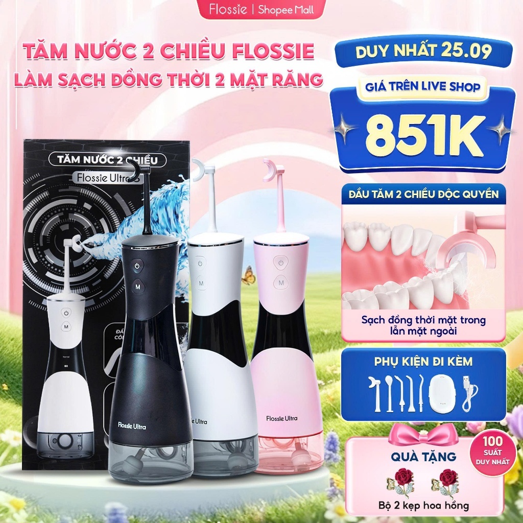[GIÁ 987K TẠI LIVE SHOP] Tăm Nước FLOSSIE ULTRA Cầm Tay 2 Chiều 5 Chế Độ Làm Sạch Sâu Phù Hợp Người Niềng Răng, LIS