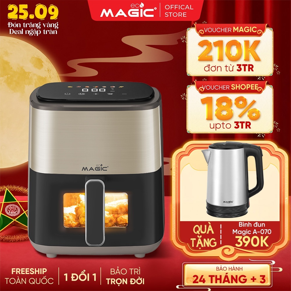 Nồi chiên không dầu điện tử 6L Magic Eco AC-163,Công suất 1500W, Cửa Sổ Trực Quan, BH 24TH