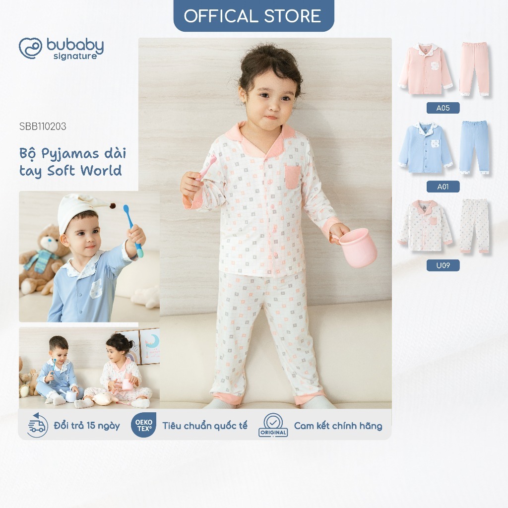Bộ quần áo Pyjamas dài tay Soft World BU Baby, bộ mặc nhà bé trai bé gái, bộ ngủ | SBB110203
