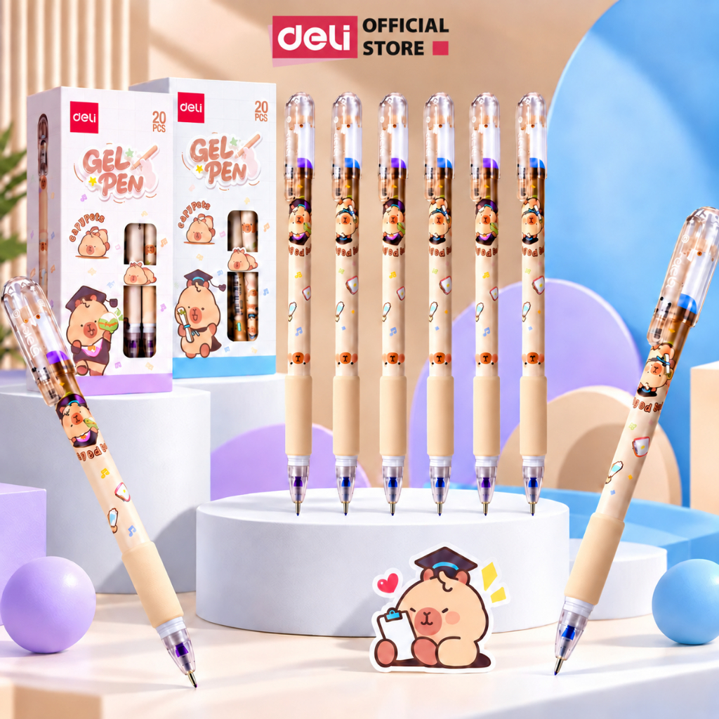 [🔥HOT] Combo 5/10/20 Bút Gel Học Sinh Deli Capybara Ngòi 0.5mm Mực Tím/Xanh/Đen - Bút Bi Nước Có Đẹm Đệm Cho Bé Cấp 1