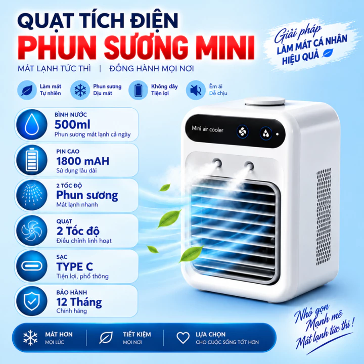 Quạt Tích Điện Phun Sương Mini,Bình Nước 500ml,Pin 1800mah,2 Tốc Quạt,Sạc Type C,Bảo Hành 12 Tháng,Phun Sương Mát Lạnh