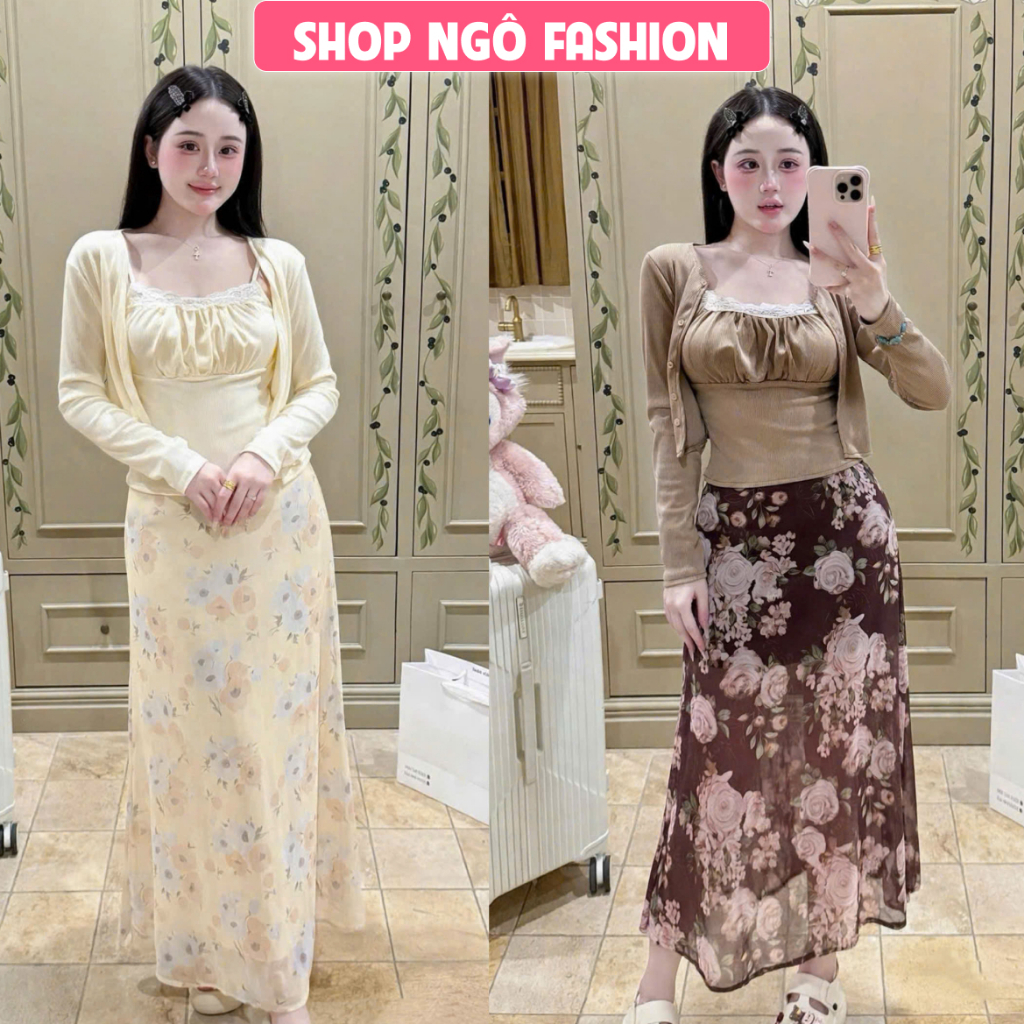 Set váy dài - Set thun tăm áo 2 dây viền ren kèm khoác tay dài + chân váy họa tiết hoa lá - SHOPNGÔ FASHION