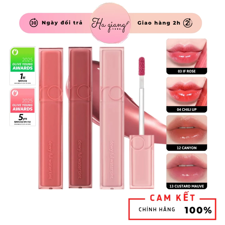 Son Tint Bóng Romand Dewyful Water Tint Màu 13 Custard Mauve - Hồng lạnh baby căng mọng