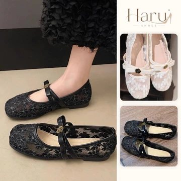 Giày búp bê nữ, giày búp bê nữ vải ren phối quai ngang hoa trà phong cách tiểu thư size 35-39 Haru Shoes