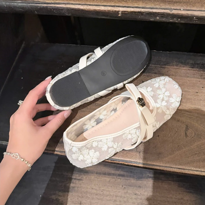 Giày búp bê nữ, giày búp bê nữ vải ren phối quai ngang hoa trà phong cách tiểu thư size 35-39 Haru Shoes