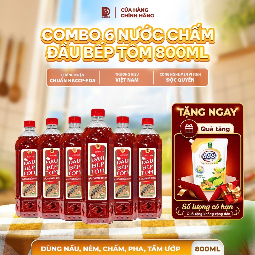 [Tặng Nước Rửa Chén 0,6KG] [Thùng 6 chai]_Nước chấm Đầu Bếp Tôm_Tôm thật pha sẵn_6 chai nhựa 800ml