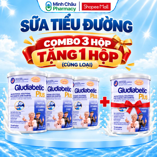 Combo 3 tặng 1 Sữa Bột Cho Người Tiểu Đường Gludiabetic Plush, sản phẩm dinh dưỡng dành cho người mắc tiểu đường