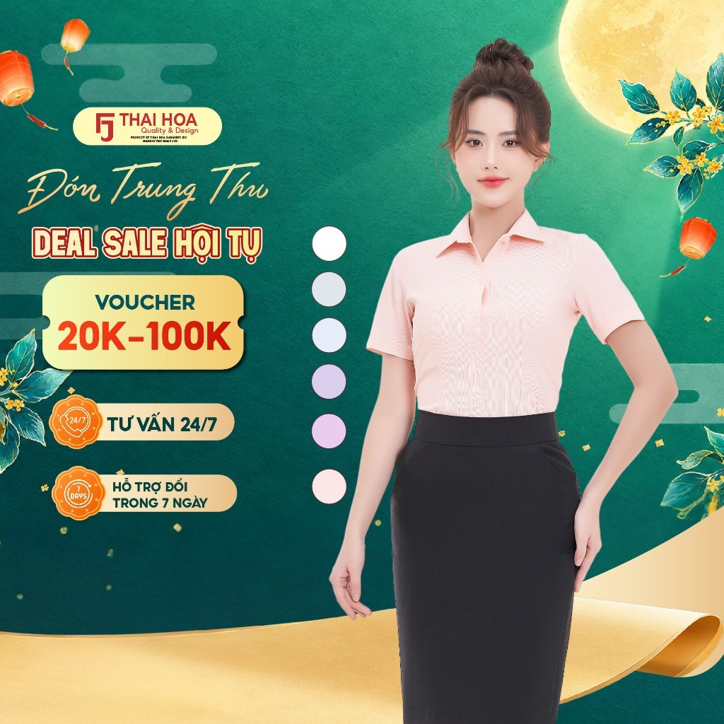 Áo sơ mi nữ R04 tay ngắn Thái Hòa vải cotton kẻ sọc thiết kế thanh lịch kiểu công sở form ôm