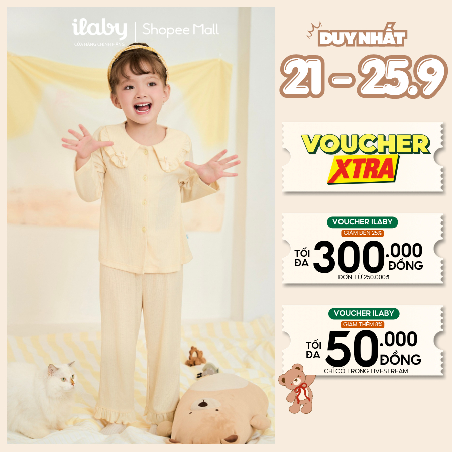 [GIÁ MỞ BÁN] Bộ đồ ngủ thu đông bé gái ILABY, set đồ mặc nhà cho bé gái cổ bèo cách điệu, vải gân mềm mịn [4217]