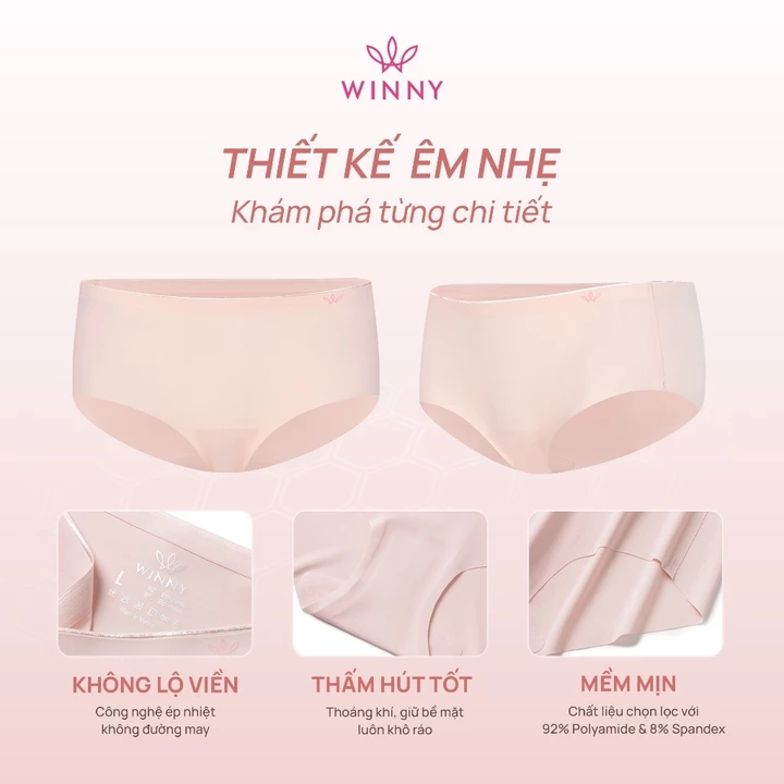 Quần lót lưng vừa WINNY su đúc co giãn thấm hút, Quần lót nữ su đúc thoáng khí không đường may không viền QL25002