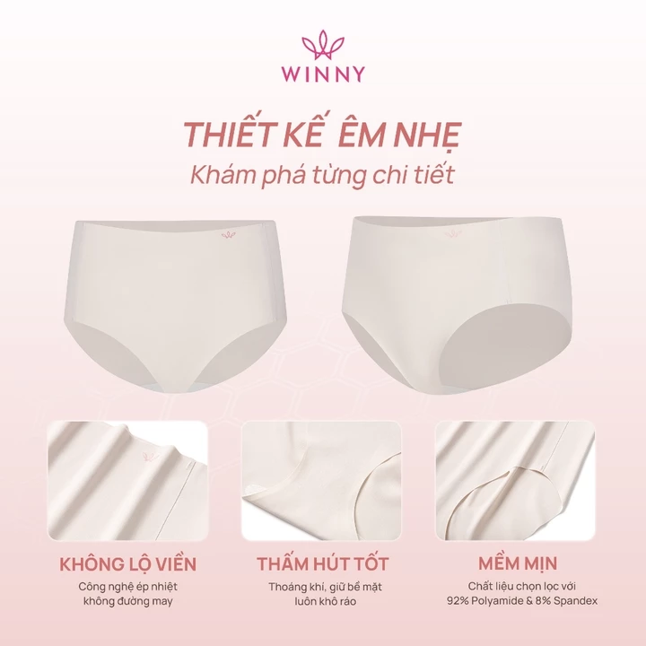 Quần lót lưng cao WINNY su đúc co giãn thấm hút, Quần lót nữ su đúc thoáng khí không đường may không viền QL25003