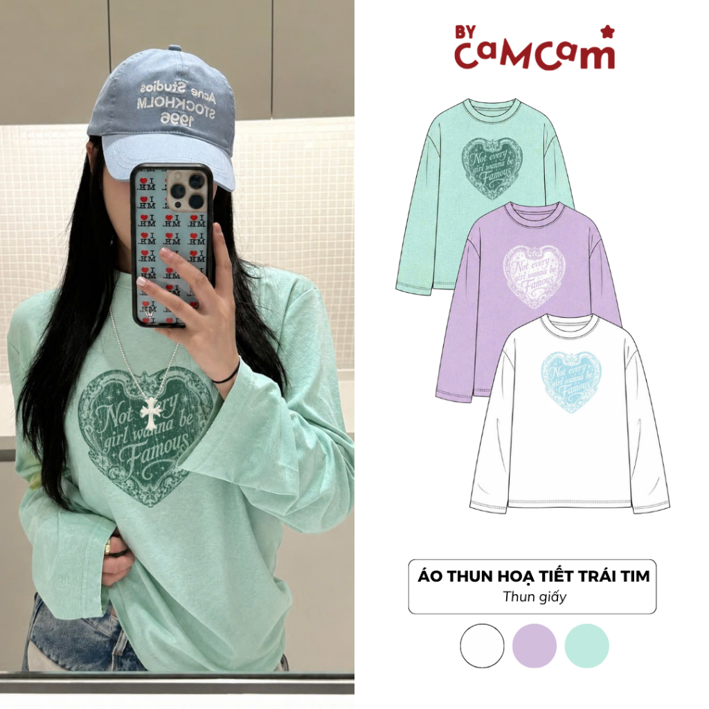 Áo Thun Dài Tay 𝑩𝒚𝒄𝒂𝒎𝒄𝒂𝒎 Họa Tiết Trái Tim Form Rộng Chất Thun Giấy Phong Cách Y2K ATD883