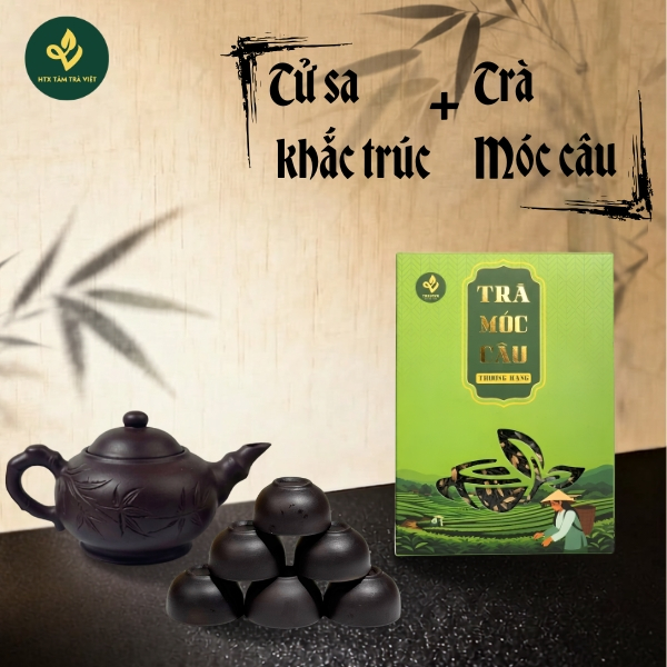 Bộ Ấm Chén Uống Trà Bát Tràng Cao Cấp - Bộ Ấm Tử Sa Khắc Trúc Kèm Trà Thái Nguyên, Quà 20/11, Quà Tết, Quà Tân Gia